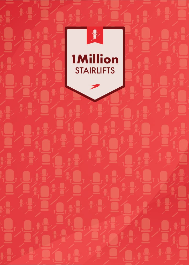 Celebration banner for achieving 1 million stairlifts milestone on a red background with stairlift icons.
