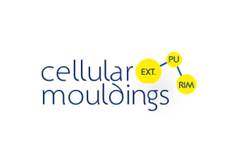 Logo of Cellular Mouldings featuring interconnected yellow shapes and blue text for EXT, PU, RIM.