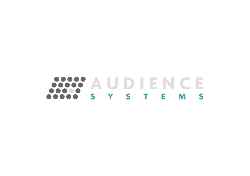 Audience Systems logo with dotted pattern on black background, emphasizing modern branding in seating solutions.