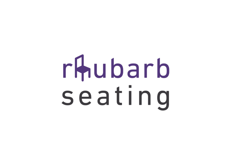 Logo of Rhubarb Seating with a stylized purple chair in the letter h.
