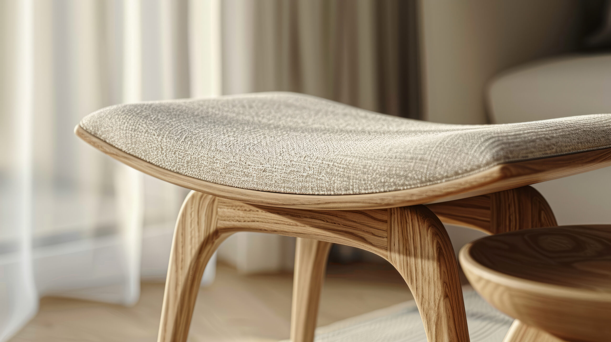 Modern wooden chair with curved design and light fabric upholstery in a sunlit room.