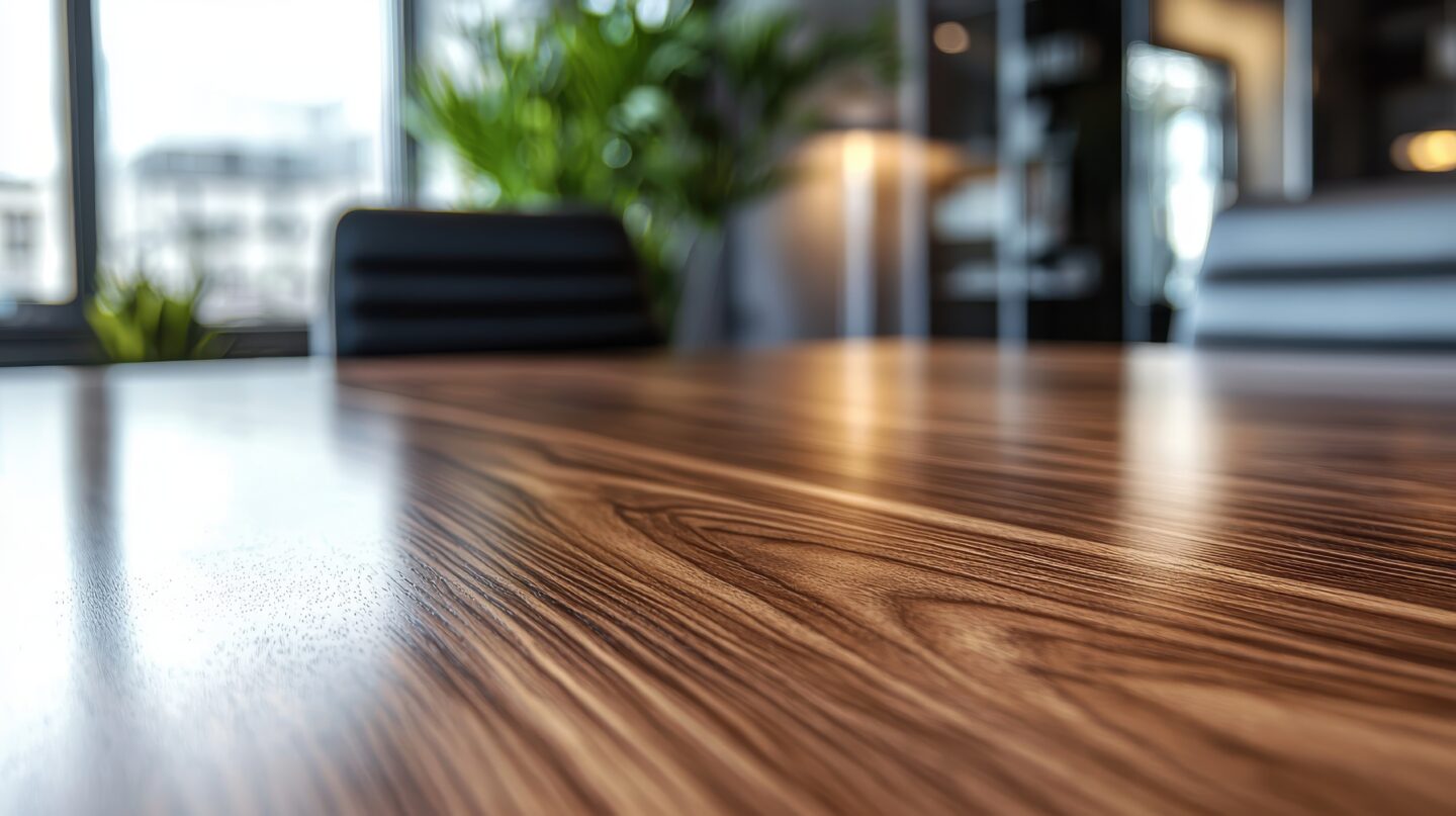 Elegant wooden conference table with blurred office background and green plants.