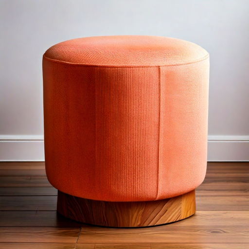 Orange upholstered ottoman with wooden base on wooden floor, against a plain light gray wall in a modern interior.